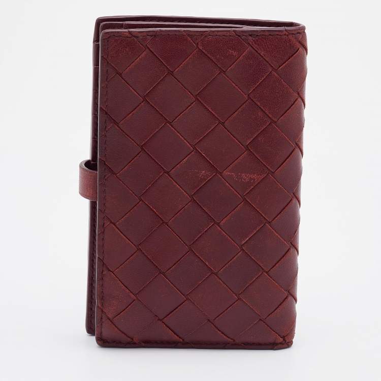 Pre Owned Bottega Veneta Red Intrecciato Leather French Compact Wallet
