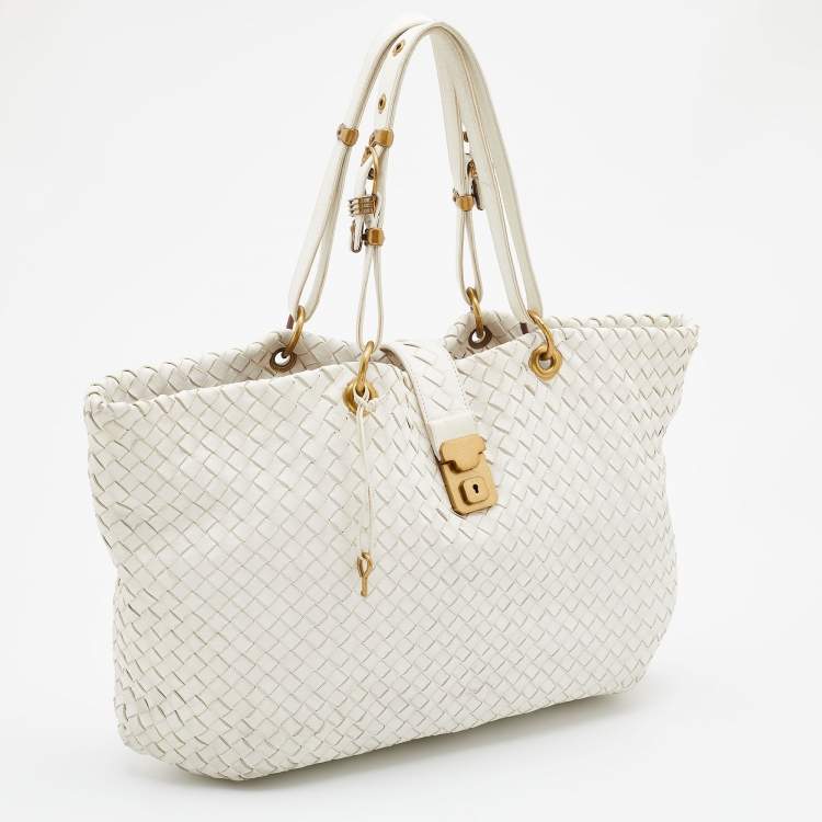 Pre Owned Bottega Veneta Off White Intrecciato Leather Tote