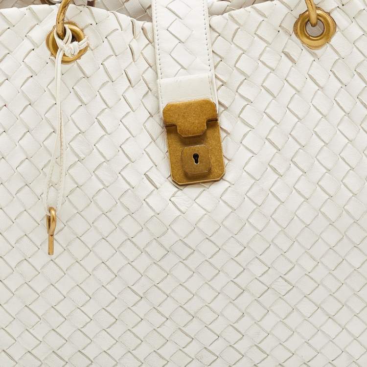 Pre Owned Bottega Veneta Off White Intrecciato Leather Tote