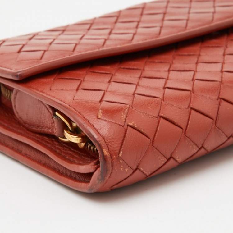 Pre Owned Bottega Veneta Rust Intrecciato Leather Flap Continental Wallet