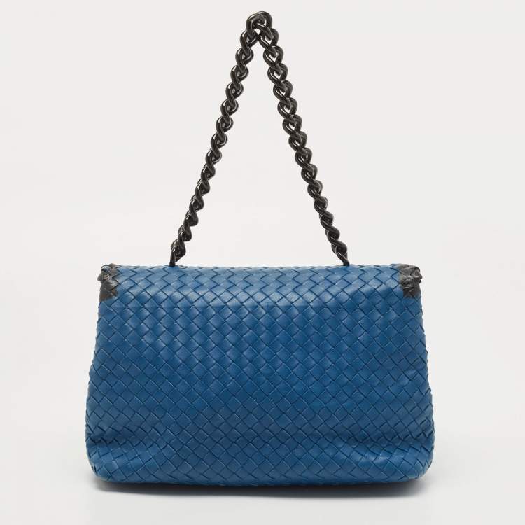 Pre Owned Bottega Veneta Blue/Black Intrecciato Leather and Karung Flap Chain Bag