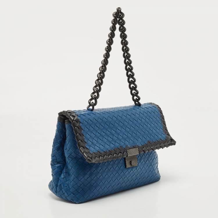 Pre Owned Bottega Veneta Blue/Black Intrecciato Leather and Karung Flap Chain Bag