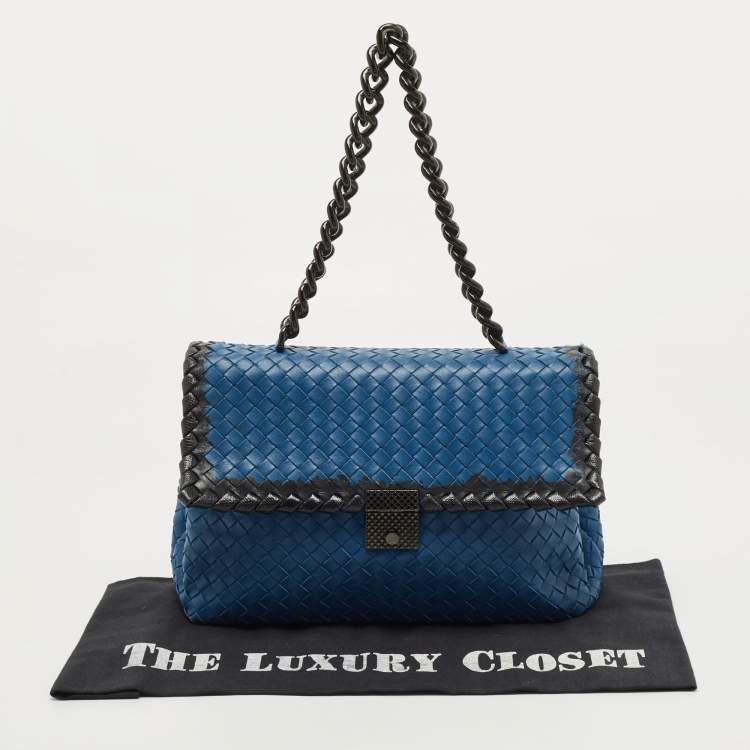 Pre Owned Bottega Veneta Blue/Black Intrecciato Leather and Karung Flap Chain Bag
