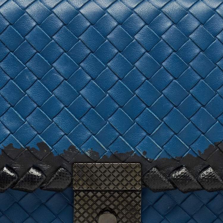 Pre Owned Bottega Veneta Blue/Black Intrecciato Leather and Karung Flap Chain Bag