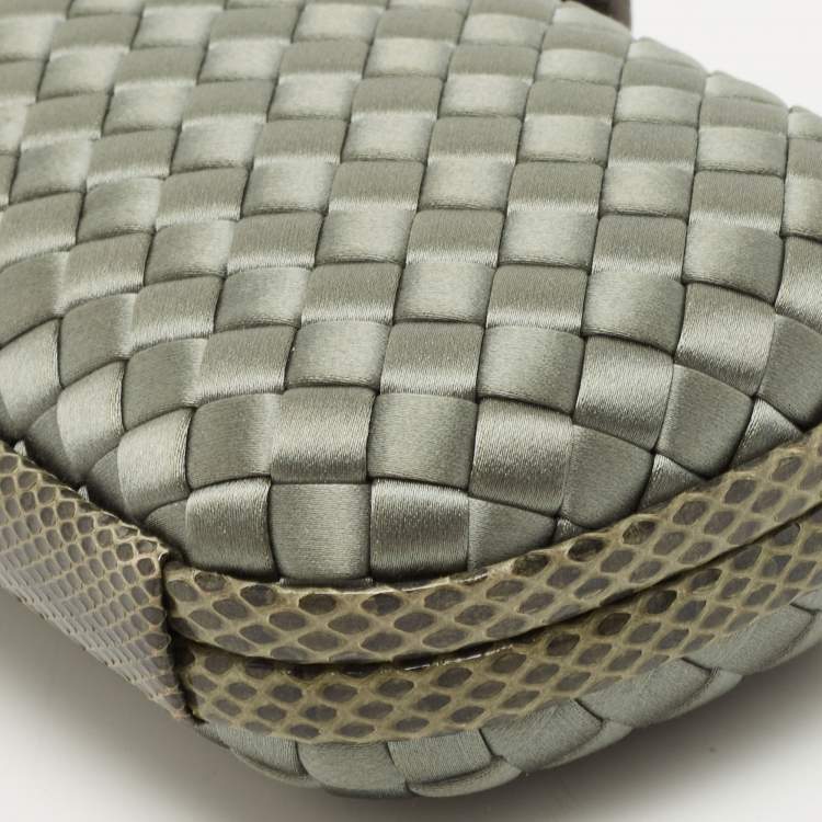 Pre Owned Bottega Veneta Light Green Satin and Watersnake Leather Knot Long Clutch