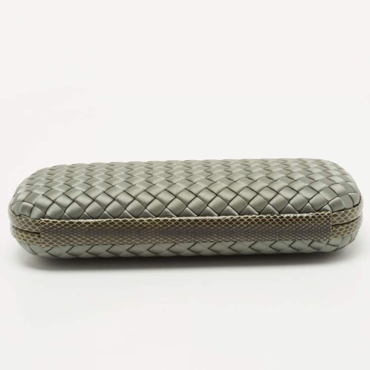 Pre Owned Bottega Veneta Light Green Satin and Watersnake Leather Knot Long Clutch