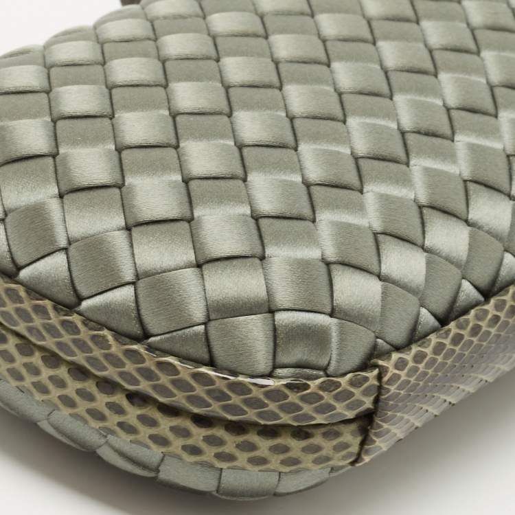 Pre Owned Bottega Veneta Light Green Satin and Watersnake Leather Knot Long Clutch