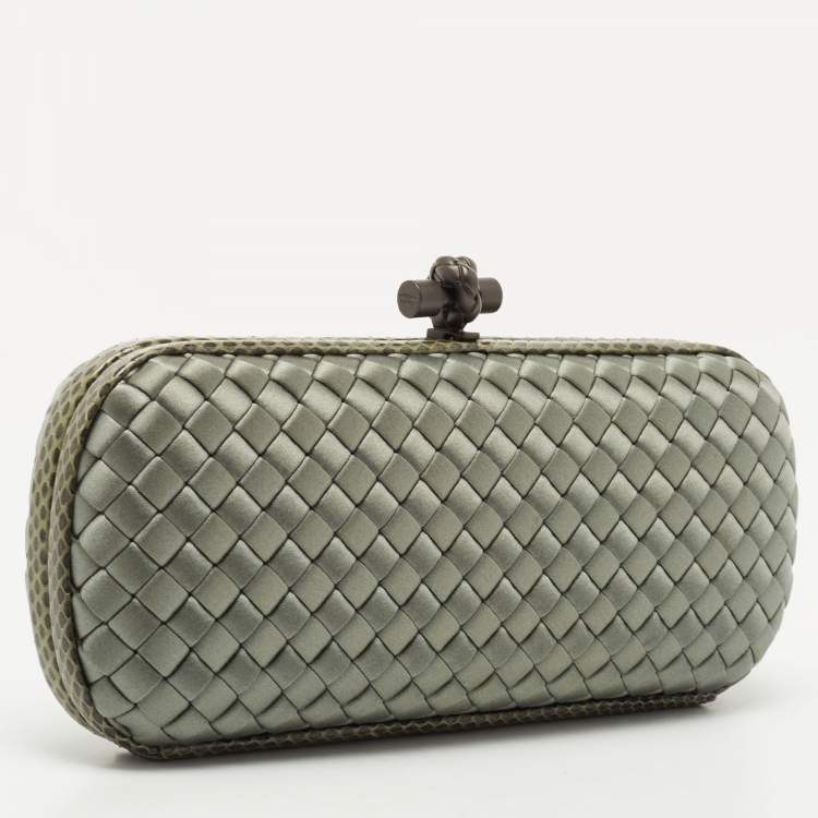 Pre Owned Bottega Veneta Light Green Satin and Watersnake Leather Knot Long Clutch