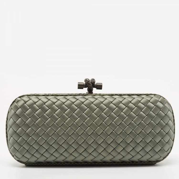 Pre Owned Bottega Veneta Light Green Satin and Watersnake Leather Knot Long Clutch
