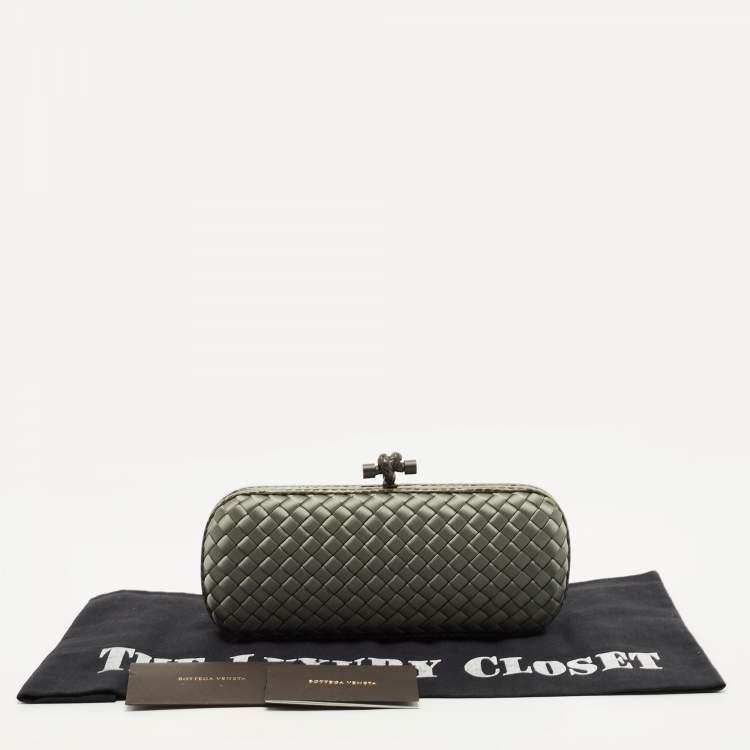 Pre Owned Bottega Veneta Light Green Satin and Watersnake Leather Knot Long Clutch