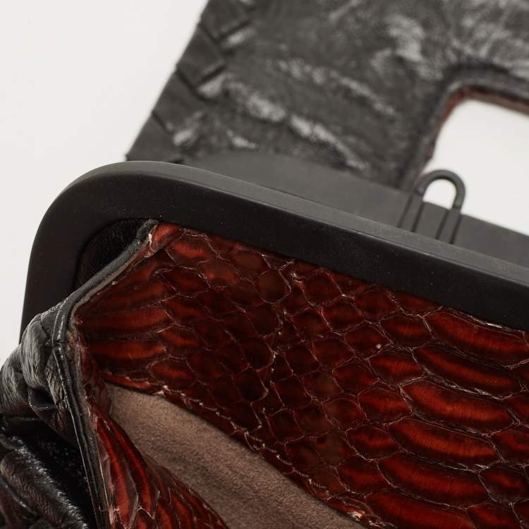 Pre Owned Bottega Veneta Black/Brown Python And Intrecciato Leather Clutch Bag
