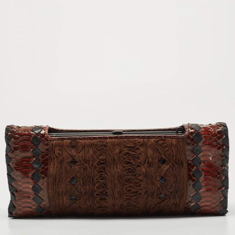 Pre Owned Bottega Veneta Black/Brown Python And Intrecciato Leather Clutch Bag