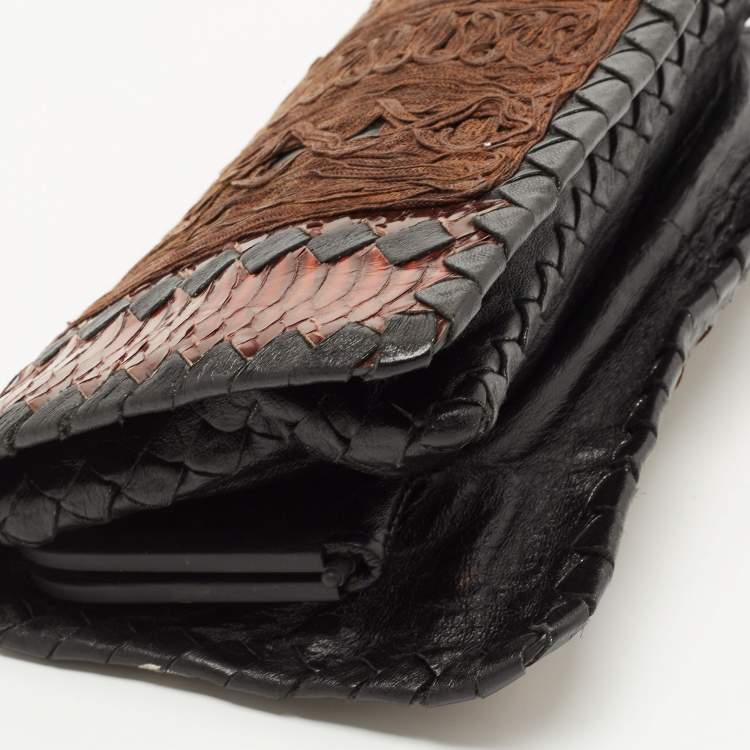 Pre Owned Bottega Veneta Black/Brown Python And Intrecciato Leather Clutch Bag