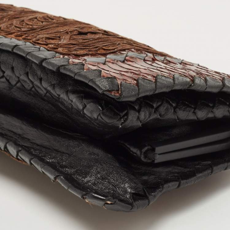 Pre Owned Bottega Veneta Black/Brown Python And Intrecciato Leather Clutch Bag