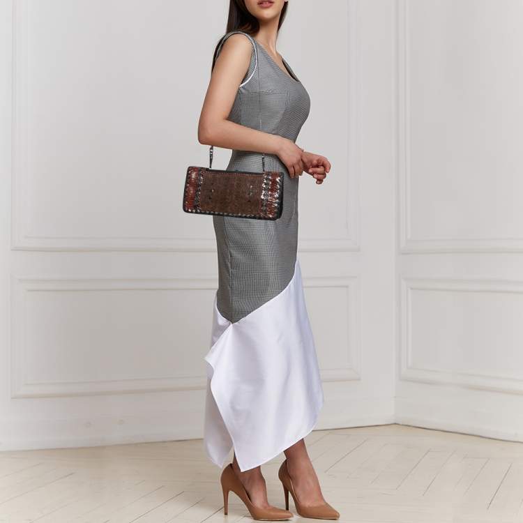 Pre Owned Bottega Veneta Black/Brown Python And Intrecciato Leather Clutch Bag