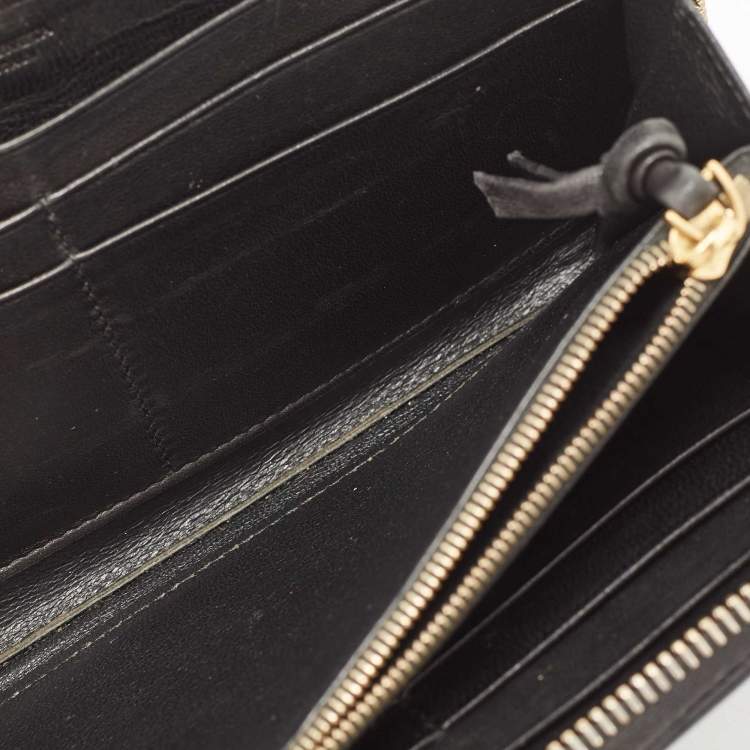 Pre Owned Bottega Veneta Black Intrecciato Leather Zip Around Wallet