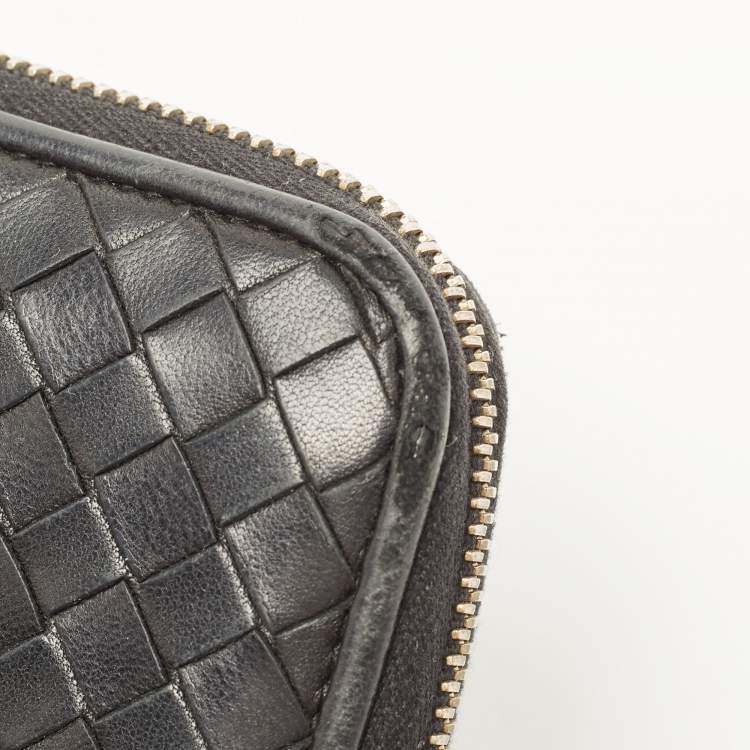 Pre Owned Bottega Veneta Black Intrecciato Leather Zip Around Wallet