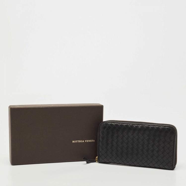 Pre Owned Bottega Veneta Black Intrecciato Leather Zip Around Wallet