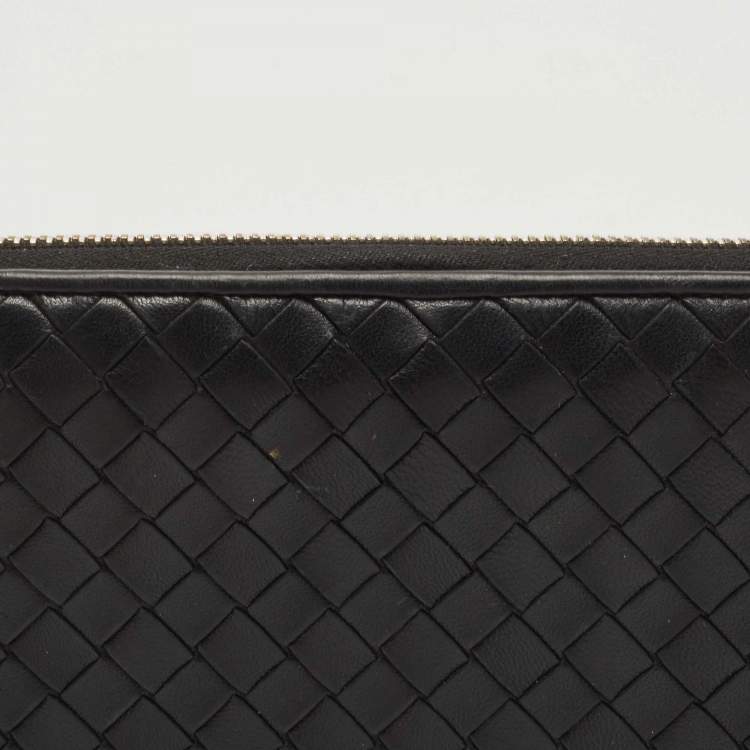 Pre Owned Bottega Veneta Black Intrecciato Leather Zip Around Wallet