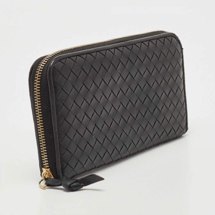 Pre Owned Bottega Veneta Black Intrecciato Leather Zip Around Wallet