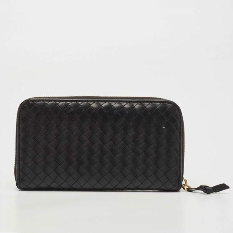 Pre Owned Bottega Veneta Black Intrecciato Leather Zip Around Wallet