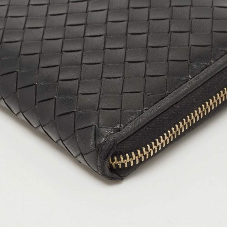 Pre Owned Bottega Veneta Black Intrecciato Leather Zip Around Wallet