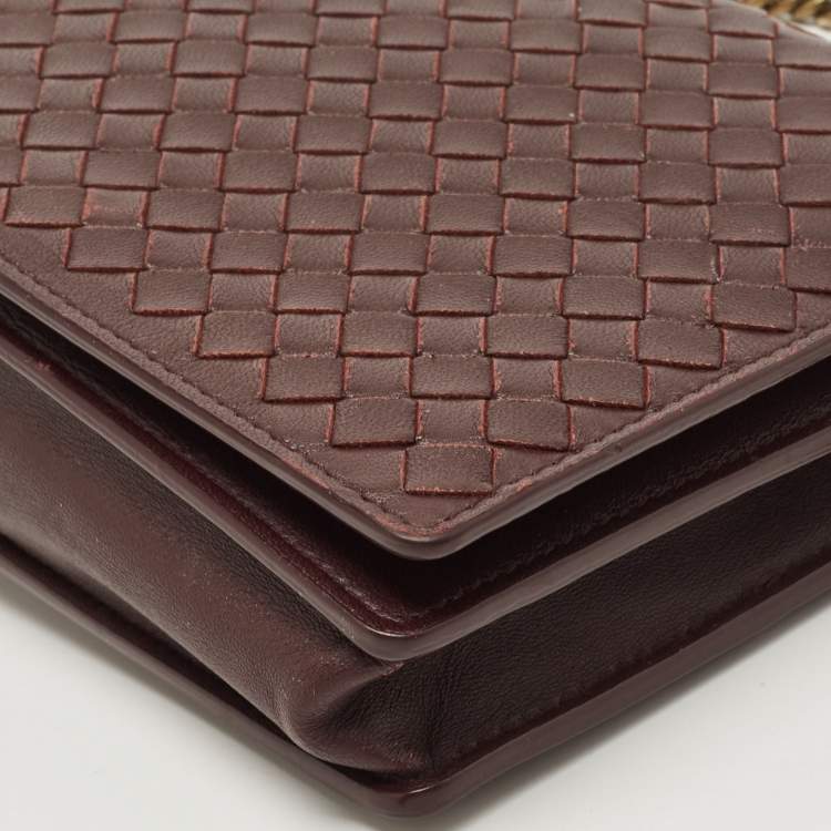Pre Owned Bottega Veneta Dark Burgundy Intrecciato Leather Flap Chain Clutch