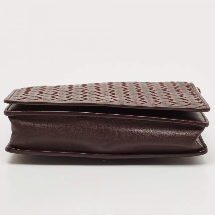 Pre Owned Bottega Veneta Dark Burgundy Intrecciato Leather Flap Chain Clutch