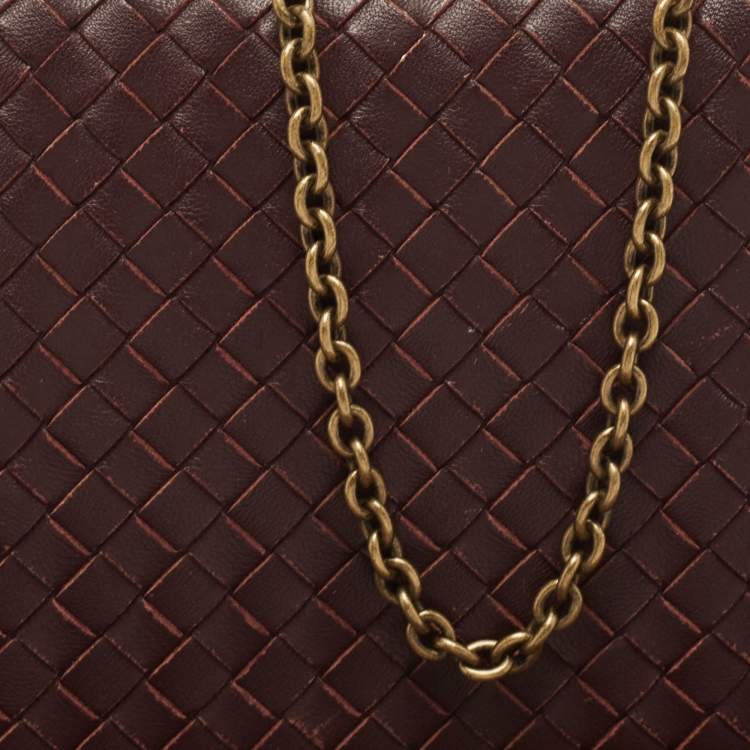Pre Owned Bottega Veneta Dark Burgundy Intrecciato Leather Flap Chain Clutch