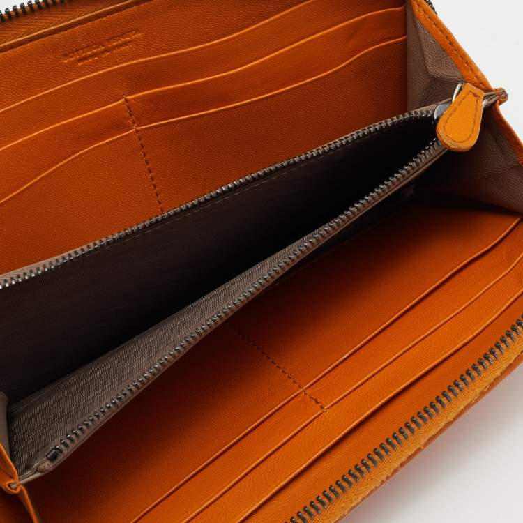 Pre Owned Bottega Veneta Tan Intrecciato Leather Zip Around Wallet