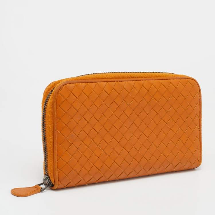 Pre Owned Bottega Veneta Tan Intrecciato Leather Zip Around Wallet
