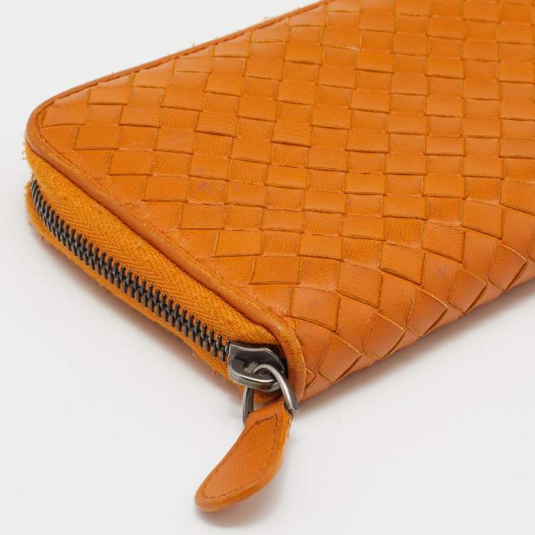 Pre Owned Bottega Veneta Tan Intrecciato Leather Zip Around Wallet