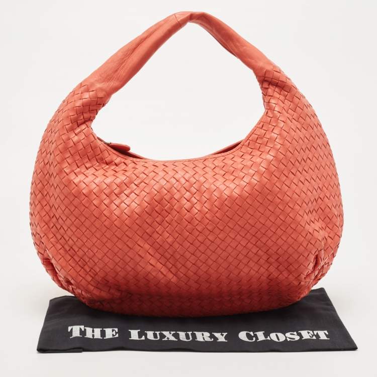 Pre Owned Bottega Veneta Coral Orange Intrecciato Leather Belly Veneta Hobo
