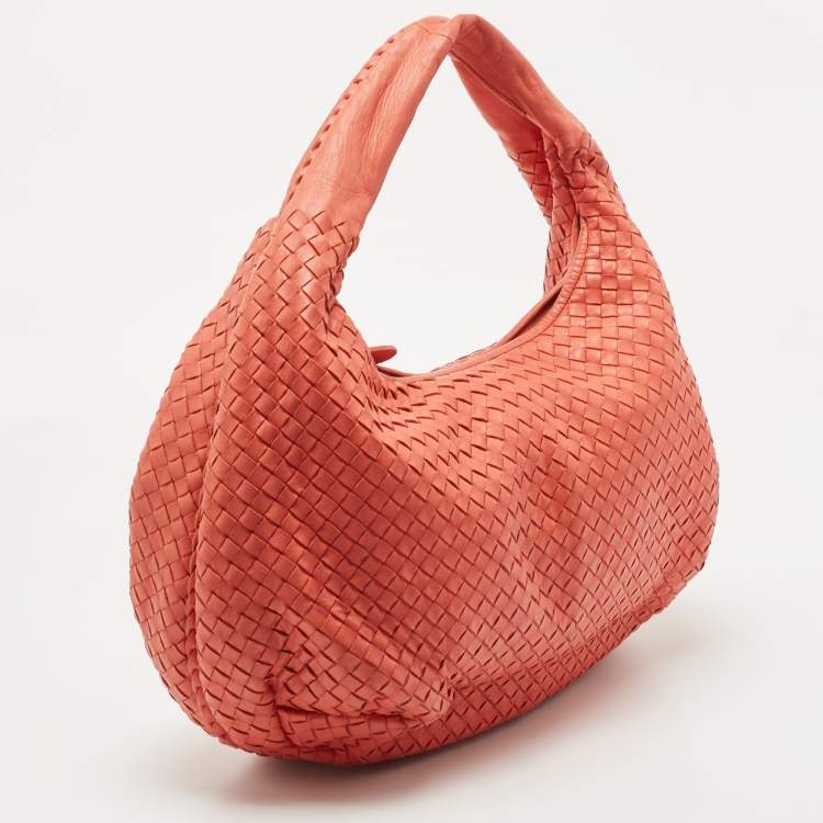 Pre Owned Bottega Veneta Coral Orange Intrecciato Leather Belly Veneta Hobo