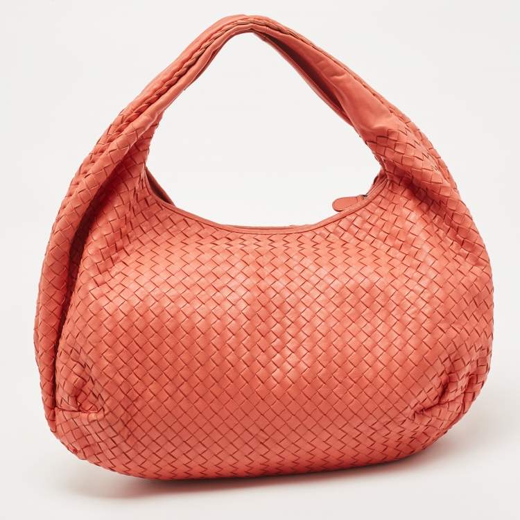 Pre Owned Bottega Veneta Coral Orange Intrecciato Leather Belly Veneta Hobo