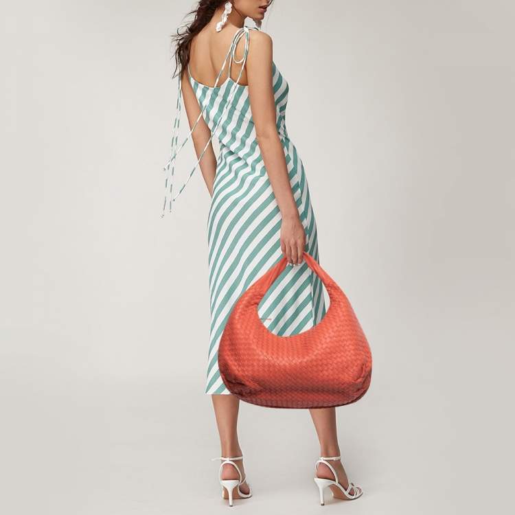 Pre Owned Bottega Veneta Coral Orange Intrecciato Leather Belly Veneta Hobo