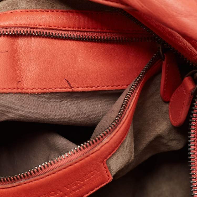 Pre Owned Bottega Veneta Coral Orange Intrecciato Leather Belly Veneta Hobo