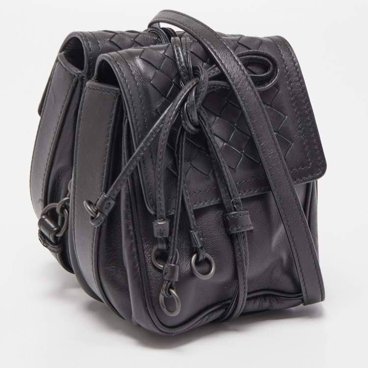 Pre Owned Bottega Veneta Black Intrecciato Leather Double Micro Crossbody Bag