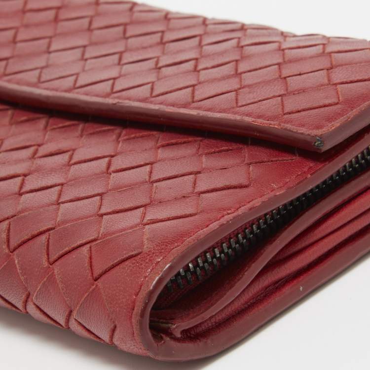 Pre Owned Bottega Veneta Red Intrecciato Leather Flap Continental Wallet