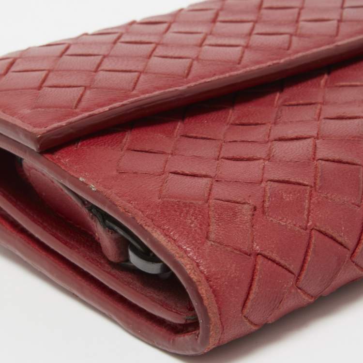 Pre Owned Bottega Veneta Red Intrecciato Leather Flap Continental Wallet