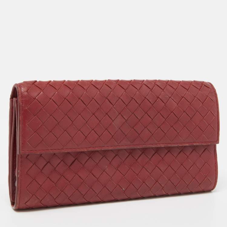 Pre Owned Bottega Veneta Red Intrecciato Leather Flap Continental Wallet