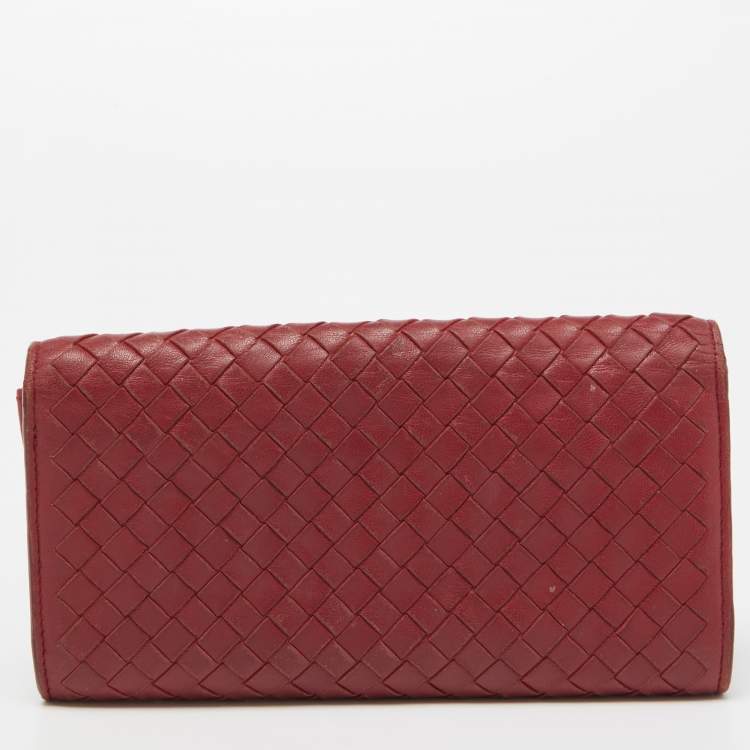 Pre Owned Bottega Veneta Red Intrecciato Leather Flap Continental Wallet