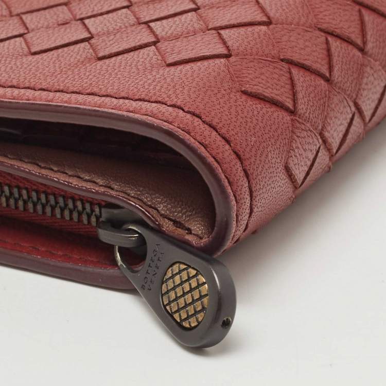 Pre Owned Bottega Veneta Red Intrecciato Leather Bifold Zip Wallet