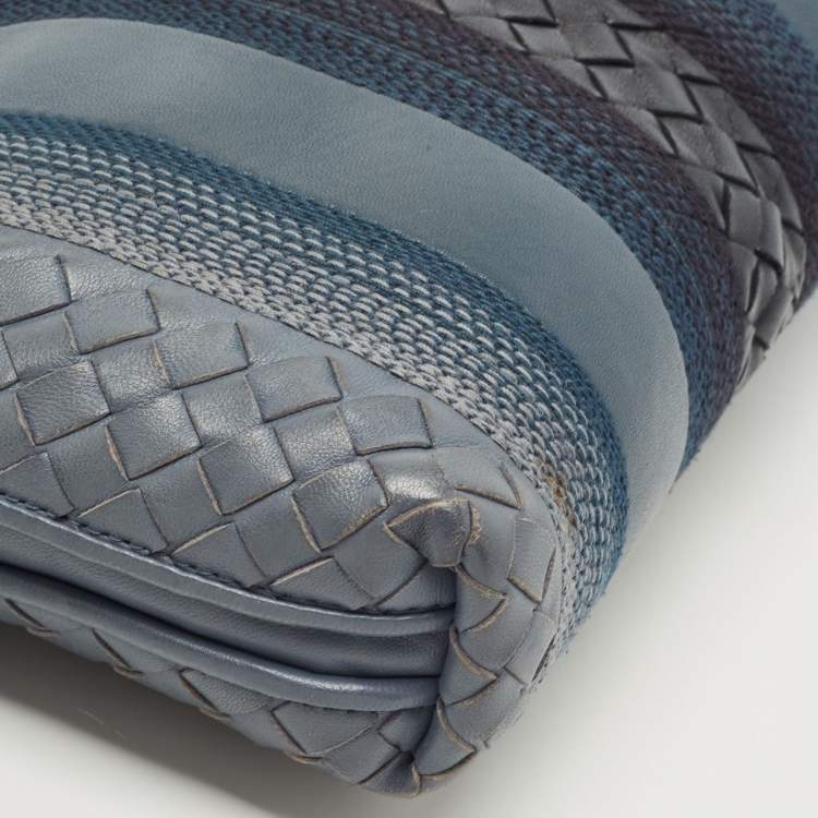 Pre Owned Bottega Veneta Blue Intrecciato and Stitched Leather Nodini Crossbody Bag