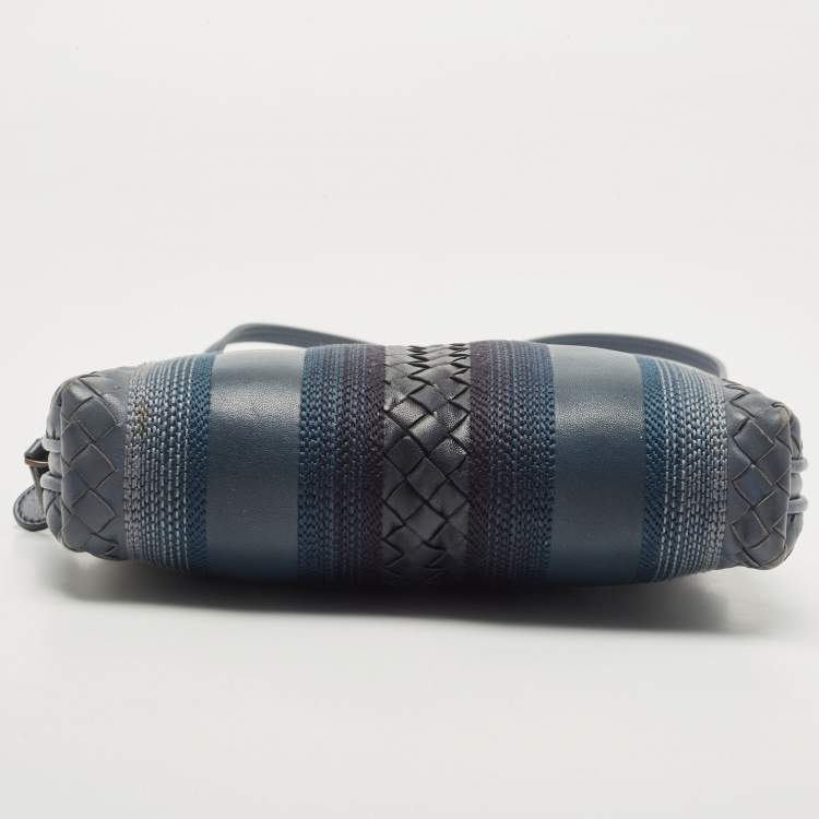 Pre Owned Bottega Veneta Blue Intrecciato and Stitched Leather Nodini Crossbody Bag