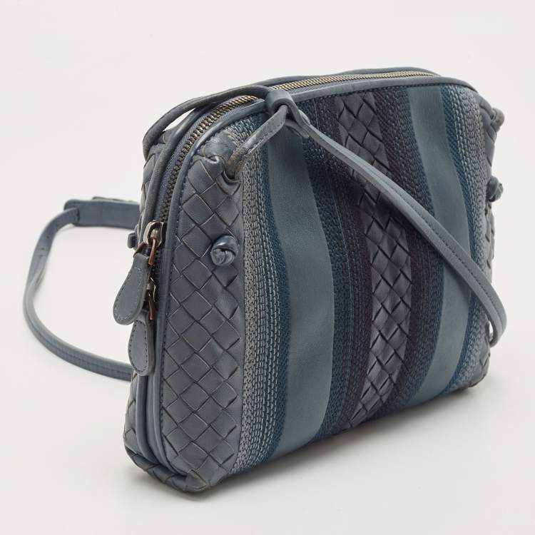 Pre Owned Bottega Veneta Blue Intrecciato and Stitched Leather Nodini Crossbody Bag