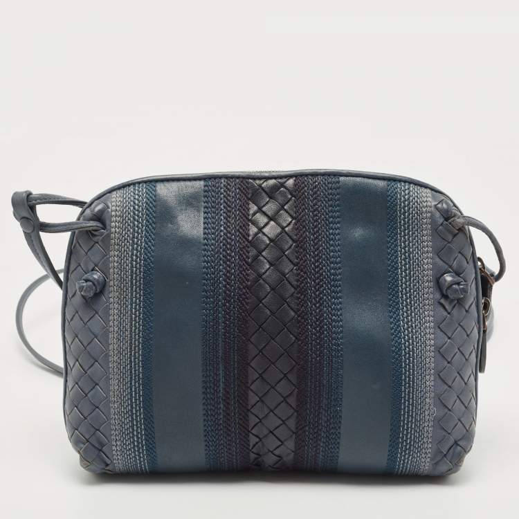 Pre Owned Bottega Veneta Blue Intrecciato and Stitched Leather Nodini Crossbody Bag