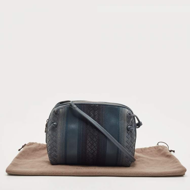 Pre Owned Bottega Veneta Blue Intrecciato and Stitched Leather Nodini Crossbody Bag