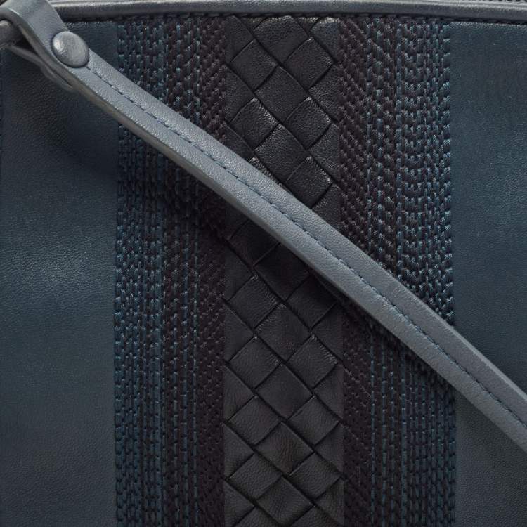 Pre Owned Bottega Veneta Blue Intrecciato and Stitched Leather Nodini Crossbody Bag