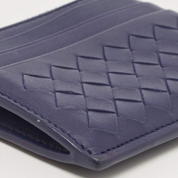 Pre Owned Bottega Veneta Dark Blue Intrecciato Leather Zip Card Holder